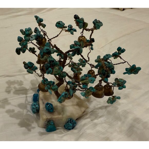 Handcrafted Turquoise Gem Tree Sculpture With Bells On Marble Base - Picture 3 of 8